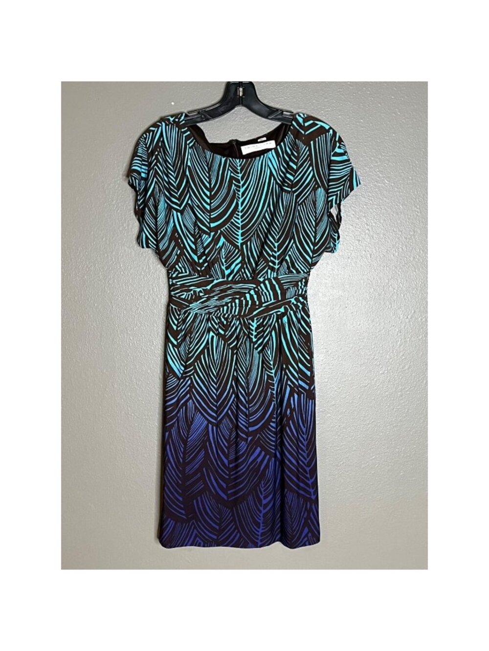 Trina Turk Womens Dress 8 Brown & Blue Leaf Print Short Sleeve Polyester